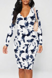 White Purple Casual Print Patchwork V Neck Wrapped Skirt Dresses