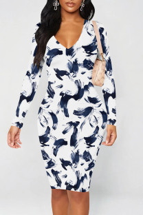 Tibetan Blue Casual Print Patchwork V Neck Wrapped Skirt Dresses