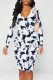 Tibetan Blue Casual Print Patchwork V Neck Wrapped Skirt Dresses