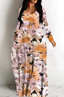 Pink Orange Casual Print Basic V Neck Long Dresses