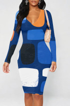 Dark Blue Casual Print Patchwork V Neck Wrapped Skirt Dresses