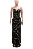 Black Sexy Sequins Patchwork Backless Zipper Strapless Long Dresses