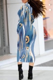 Blue Casual Street Geometric Print Gradient Contrast Half A Turtleneck Printed Dresses