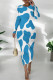 Sky Blue Casual Print Patchwork O Neck Wrapped Skirt Dresses