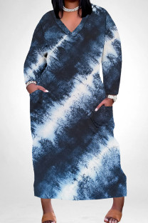 Dark Gray Casual Tie Dye Pocket Patchwork V Neck Straight Plus Size Dresses
