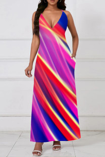 Red Blue Casual Print Patchwork Spaghetti Strap Sling Dresses