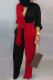 Red Black Casual Stripe Buckle Patchwork Strap Design Turndown Collar Regular Jumpsuits