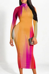 Orange Red Casual Street Geometric Print Gradient Contrast Half A Turtleneck Printed Dresses