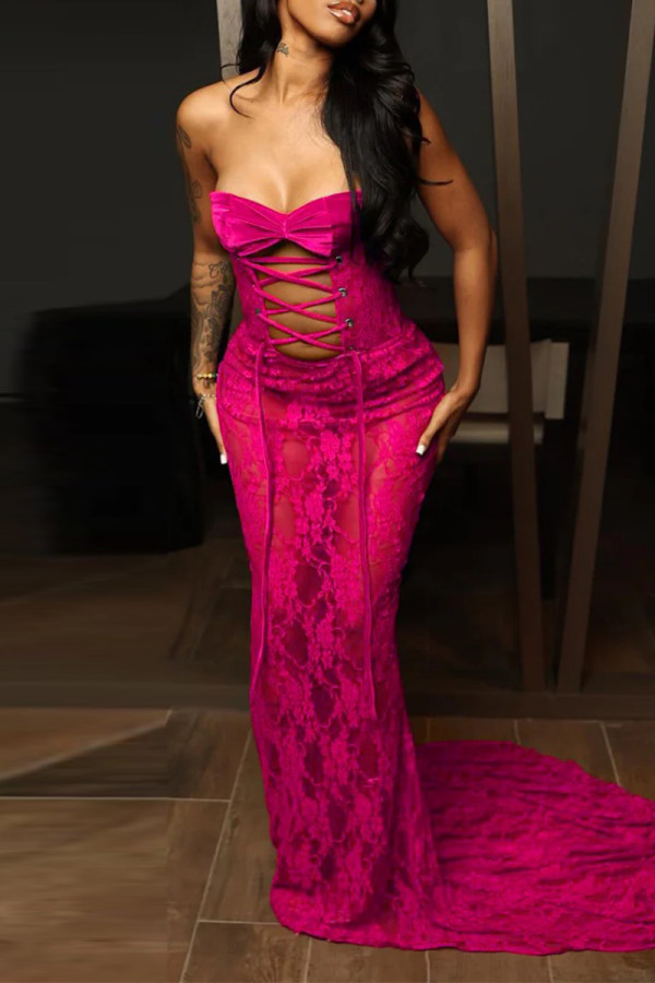 Rose Red Sexy Solid Color Patchwork Backless Cross Straps Strapless Long Dresses