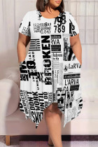 Black And White Casual Street The stars Tie Dye Stripe Newspaper printing Pocket Contrast O Neck Printed Plus Size Dresses