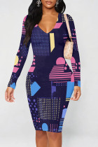 Multicolor Casual Print Patchwork V Neck Wrapped Skirt Dresses