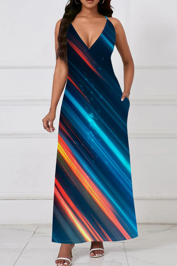 Blue Orange Casual Print Patchwork Spaghetti Strap Sling Dresses