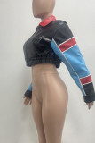 Black Street Patchwork Zipper Contrast Zipper Collar Outerwear