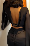 Black Casual Solid Color Patchwork Backless Zipper O Neck Wrapped Skirt Dresses