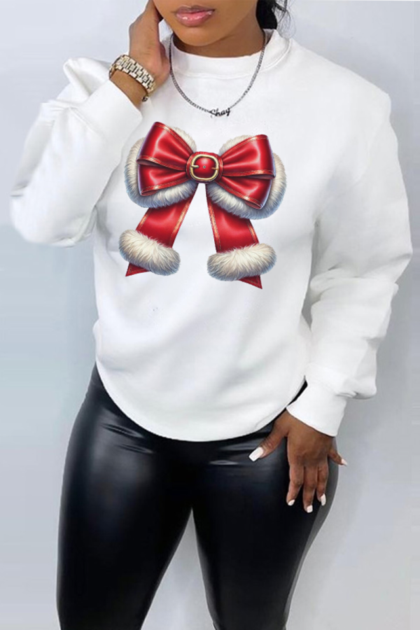 White Casual Street Bow printing O Neck Tops