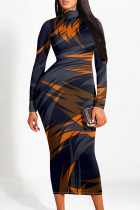Black Gray Casual Street Geometric Print Gradient Contrast Half A Turtleneck Printed Dresses
