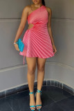 Pink Sexy Solid Color Hollow Out Patchwork Oblique Collar Sleeveless Dresses