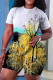 White Yellow Casual Print Basic O Neck Short Sleeve Two Pieces