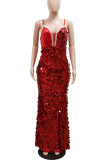 Silver Sexy Solid Color Sequins Patchwork Pearls Decor Spaghetti Strap Sling Dresses