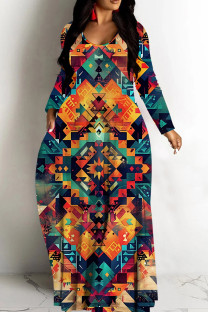 Blue Orange Casual Print Basic V Neck Long Dresses