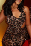Leopard Print Sexy Leopard Print Patchwork Backless Halter Irregular Dresses