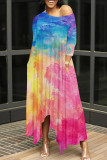 Multicolor Casual Tie Dye Pocket Patchwork Oblique Collar Irregular Dresses