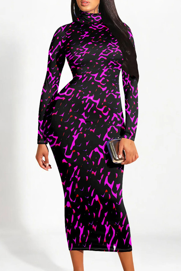 Purple Casual Street Geometric Print Gradient Contrast Half A Turtleneck Printed Dresses