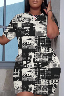 Black Casual Print Basic O Neck Short Sleeve Two Pieces