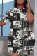 Black Casual Print Basic O Neck Short Sleeve Two Pieces