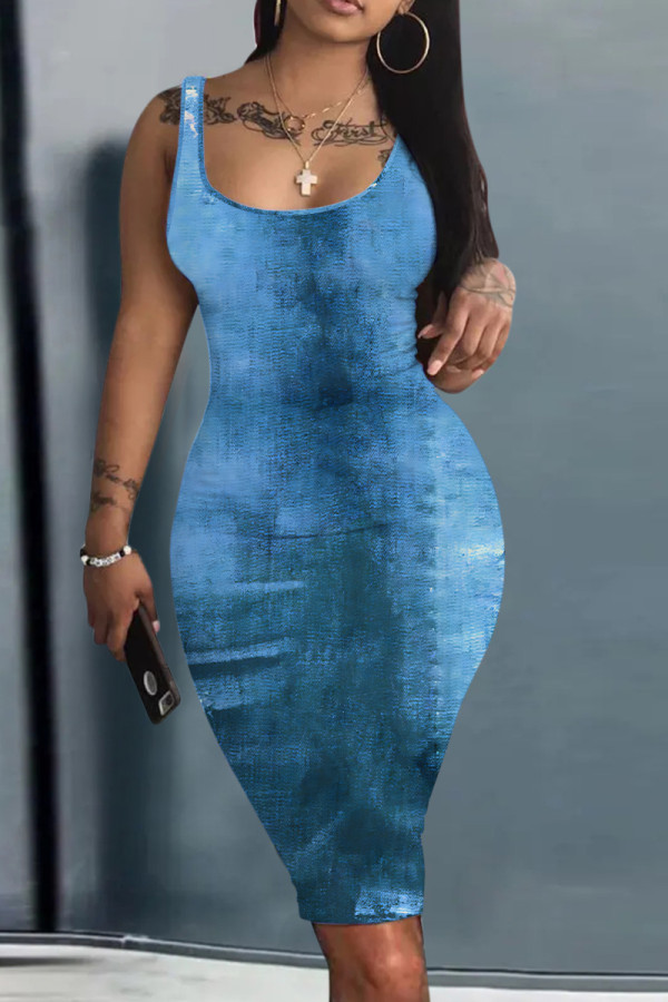 Medium Blue Casual Faux Denim Print Basic U Neck Vest Dresses