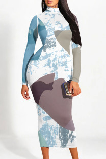 Multicolor Casual Street Geometric Print Gradient Contrast Half A Turtleneck Printed Dresses