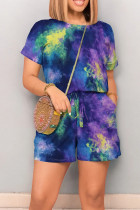 Green Purple Casual Tie Dye Draw String Pocket Patchwork O Neck Loose Rompers