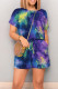 Green Purple Casual Tie Dye Draw String Pocket Patchwork O Neck Loose Rompers