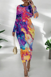 Fuchsia Casual Print Patchwork O Neck Wrapped Skirt Dresses