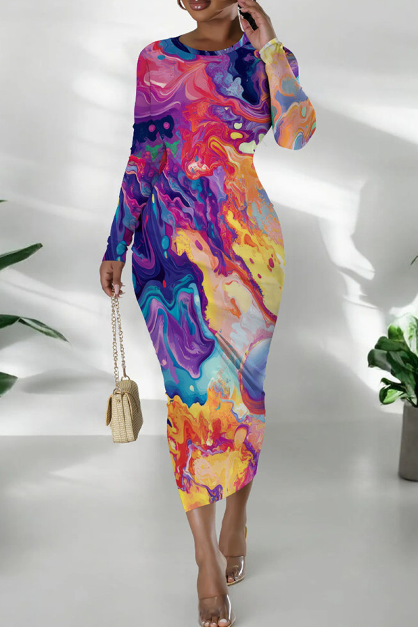 Fuchsia Casual Print Patchwork O Neck Wrapped Skirt Dresses