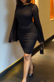 Black Casual Solid Color Patchwork Backless Zipper O Neck Wrapped Skirt Dresses