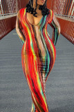 Red Casual Print Patchwork Deep V Neck Long Dresses