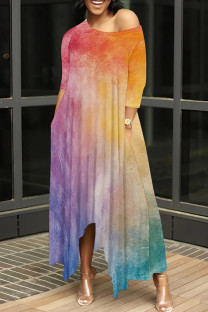 Purple Orange Casual Tie Dye Pocket Patchwork Oblique Collar Irregular Dresses