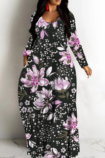 Black Casual Print Basic V Neck Long Dresses