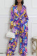 Blue Casual Print Patchwork Strap Design Deep V Neck Loose Jumpsuits