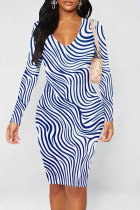 White Blue Casual Print Patchwork V Neck Wrapped Skirt Dresses