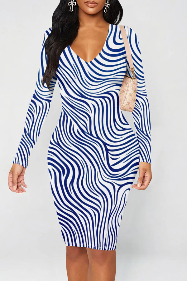 White Blue Casual Print Patchwork V Neck Wrapped Skirt Dresses