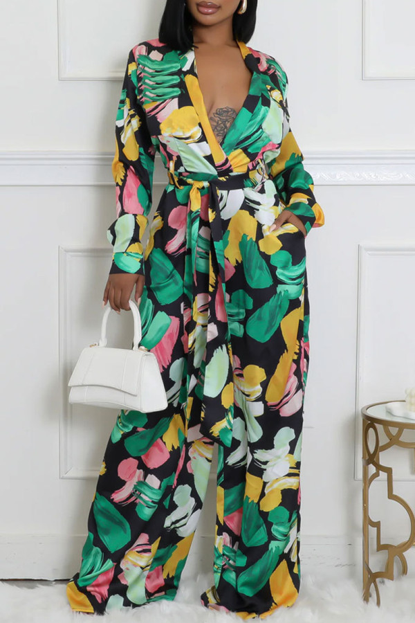 Green Casual Print Patchwork Strap Design Deep V Neck Loose Jumpsuits