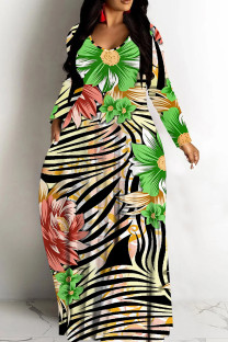 Green Casual Print Basic V Neck Long Dresses