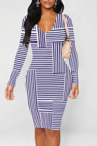White Purple Casual Print Patchwork V Neck Wrapped Skirt Dresses