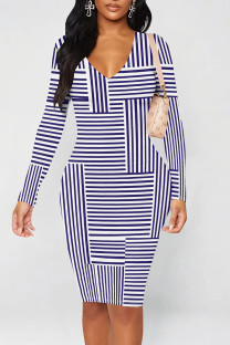 White Purple Casual Print Patchwork V Neck Wrapped Skirt Dresses