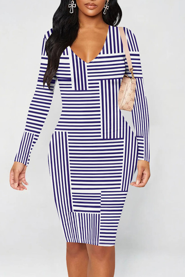 White Purple Casual Print Patchwork V Neck Wrapped Skirt Dresses