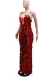 Silver Sexy Solid Color Sequins Patchwork Pearls Decor Spaghetti Strap Sling Dresses