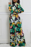 Blue Casual Print Patchwork Strap Design Deep V Neck Loose Jumpsuits