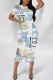 White Casual Street Geometric Print Letters Contrast O Neck Printed Short Sleeve Dress